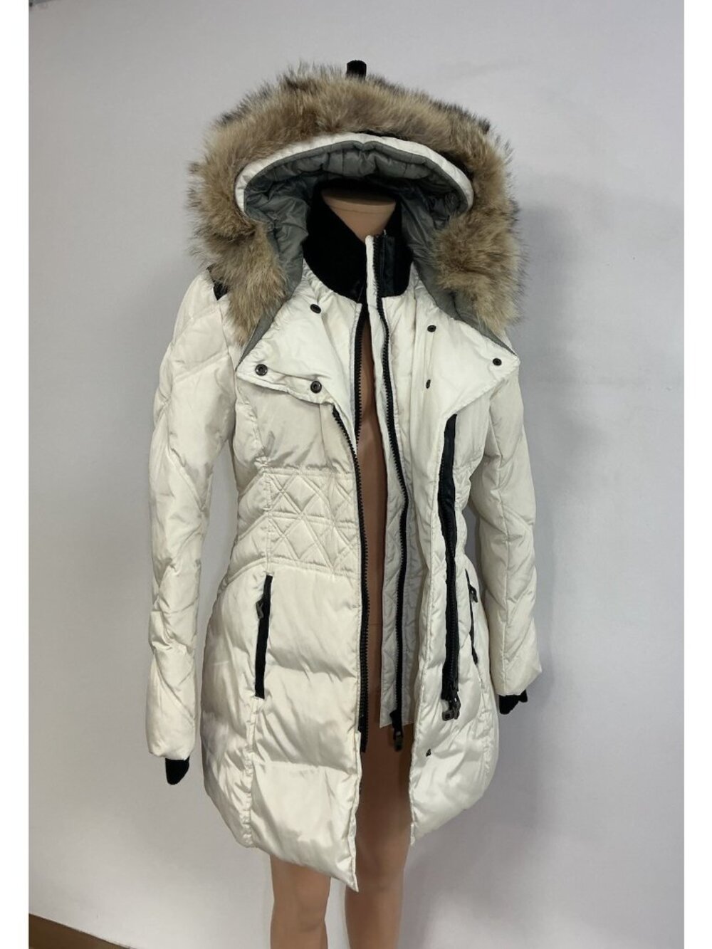 Nicole Benisti Down Feather Coat Faux Fur Trim Womens Medium